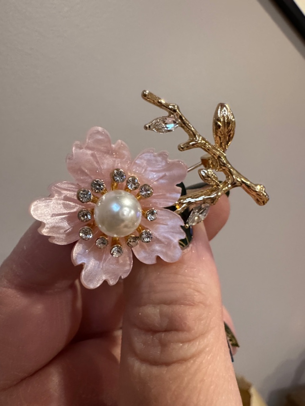 Gold-Tone Pink Flower Brooch with Pearl & Crystals - Women Jewelry - Picture 3 of 4
